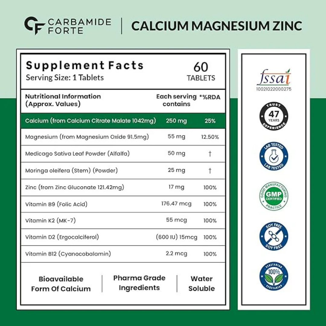 Carbamide Forte Calcium Magnesium & Zinc Tablets with Vitamin D, Vitamin K2-MK7 & B12