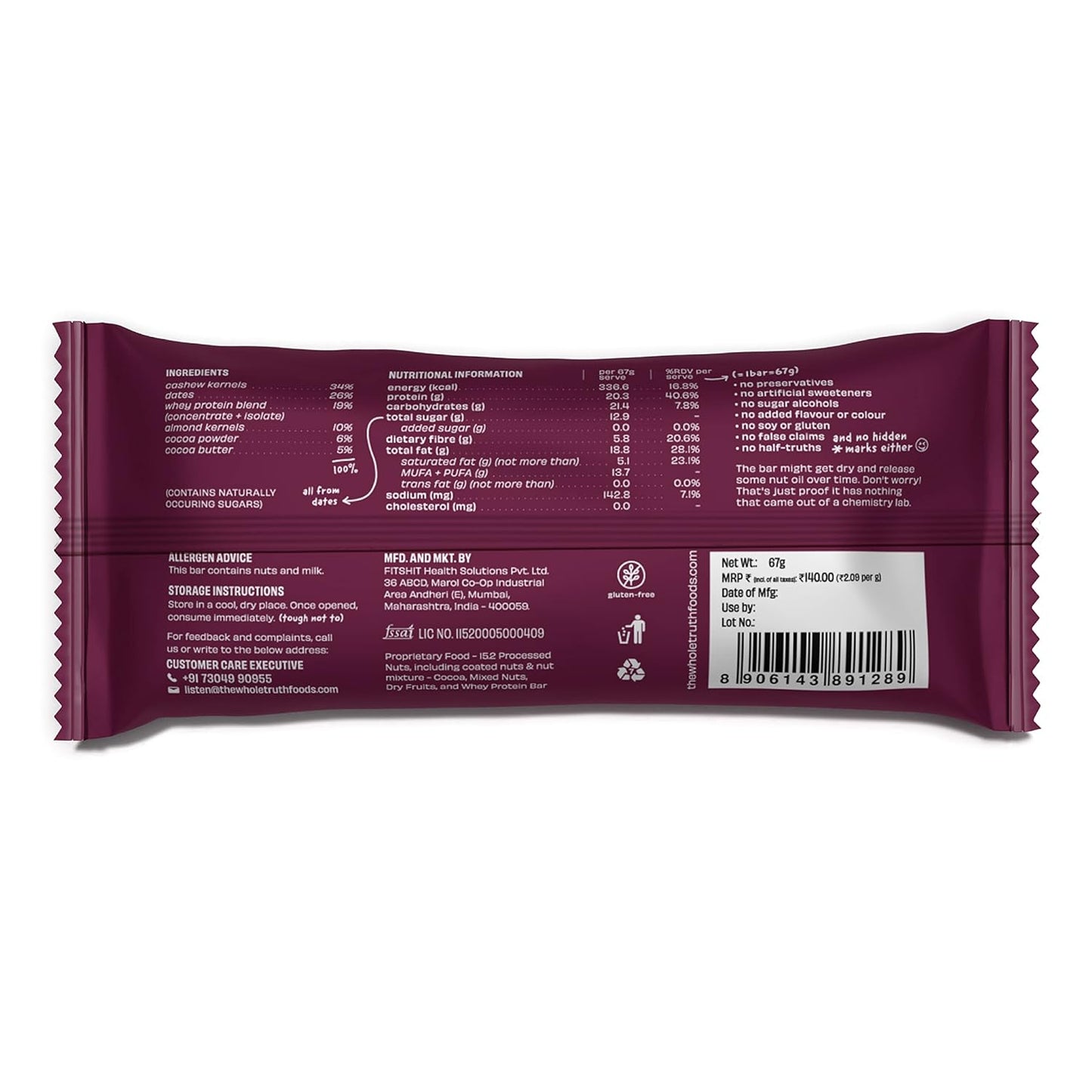 The Whole Truth – High Protein Bar | Double Cocoa | 20g Protein | Pack of 6 x 67g