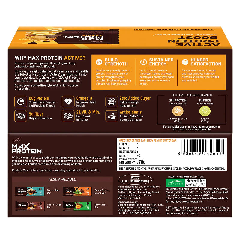 RiteBite Max Protein Active Peanut Butter Bars - 20g Protein