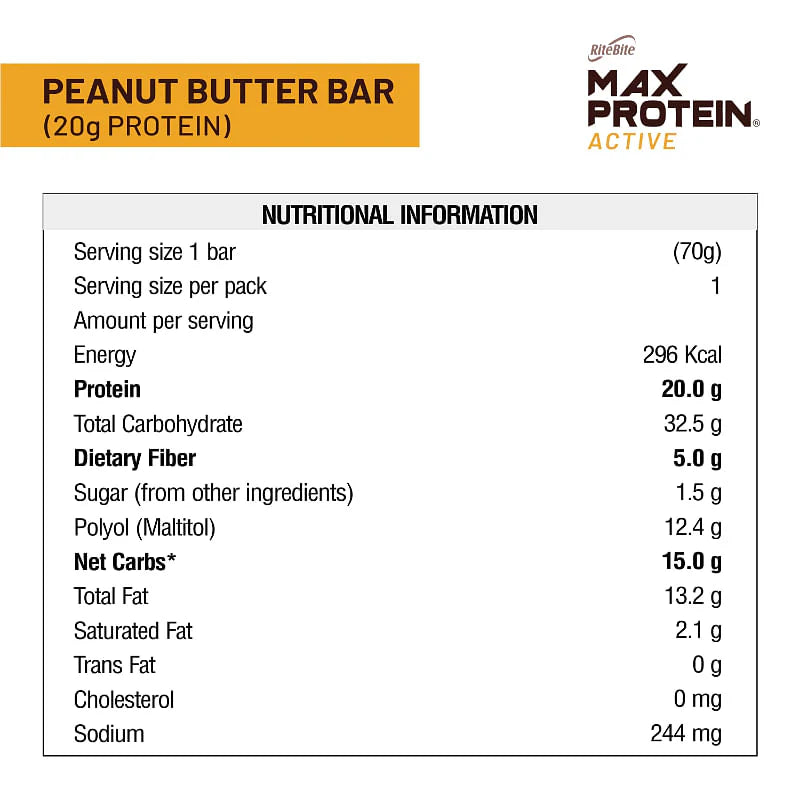 RiteBite Max Protein Active Peanut Butter Bars - 20g Protein