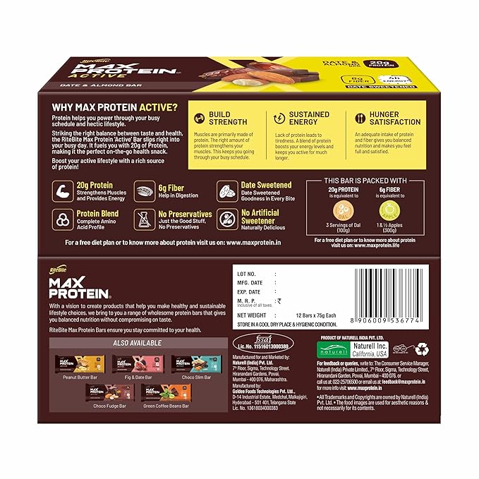 RiteBite Max Protein Active Date & Almond Protein Bar - 20g Protein