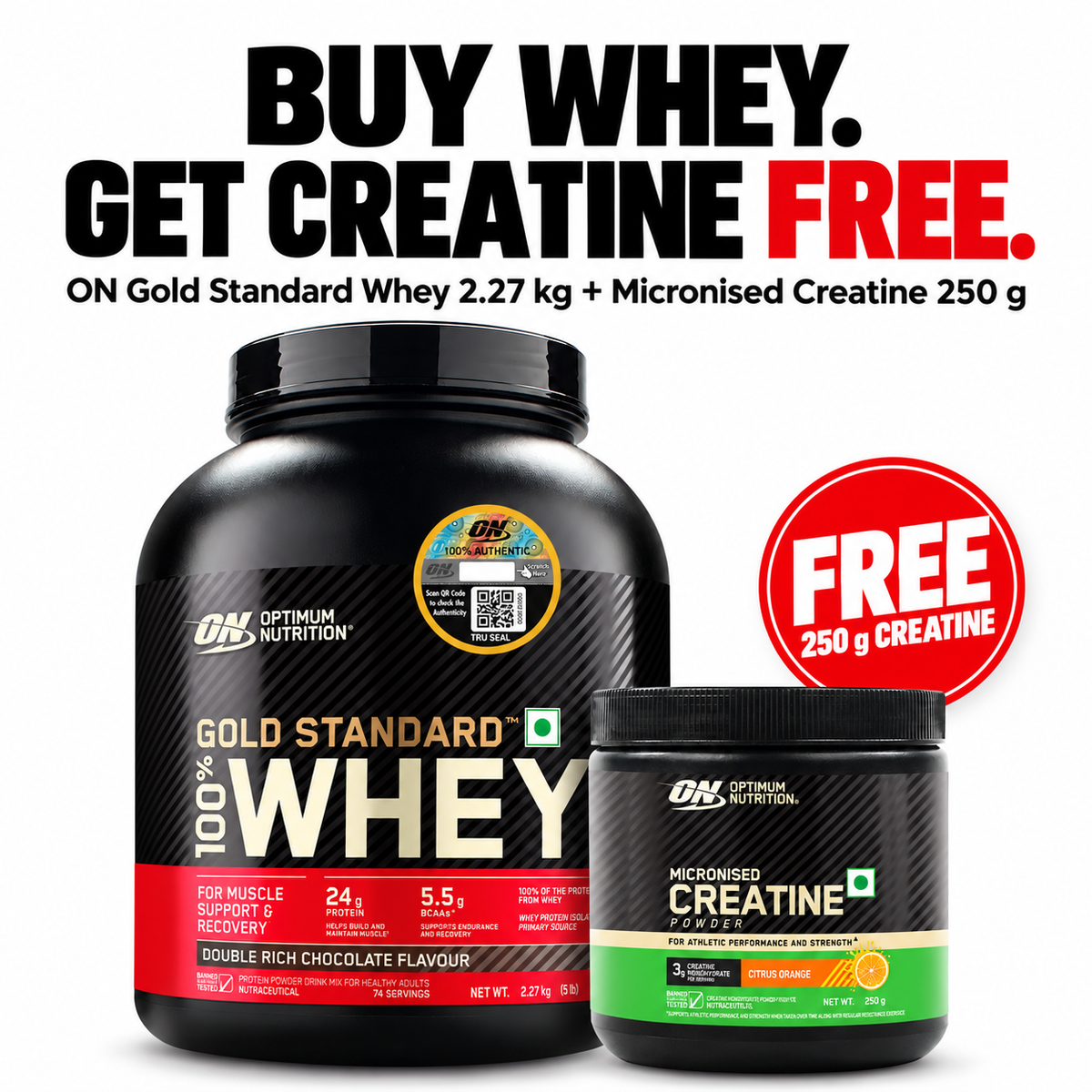 Optimum Nutrition Whey + Creatine Combo | 2.27 kg + 250 g